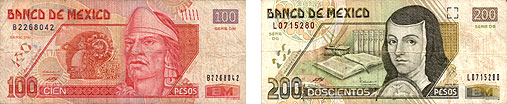 100 Mexican peso and 200 Mexican peso paper currency