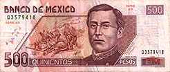 500 Mexican peso paper currency