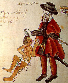 Encomendero beating an Amerindaian from the Codex Kingsborough