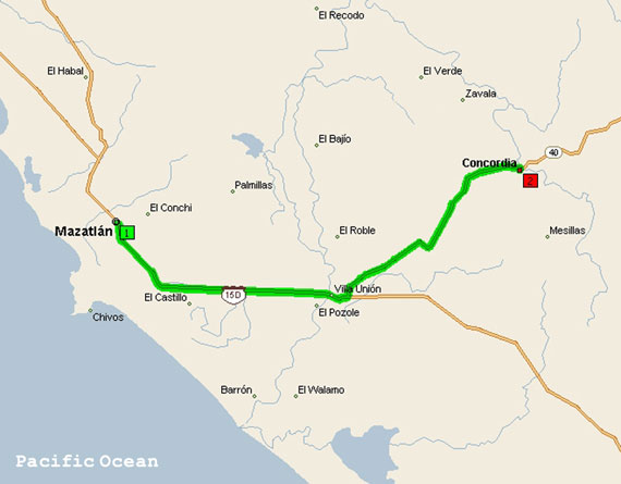 Map to Concordia from Mazatlan