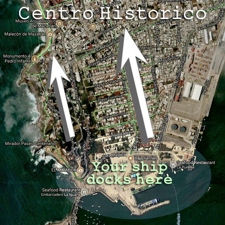 Map from the Mazatlan cruise ships docks to the Centro Historico