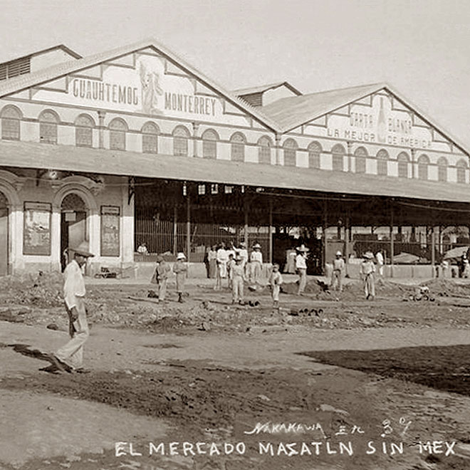 View across Aquiles Serdan of Mercado Pino Suarez in Mazatlan, Sinaloa, Mexico while under construction, circa 1900.